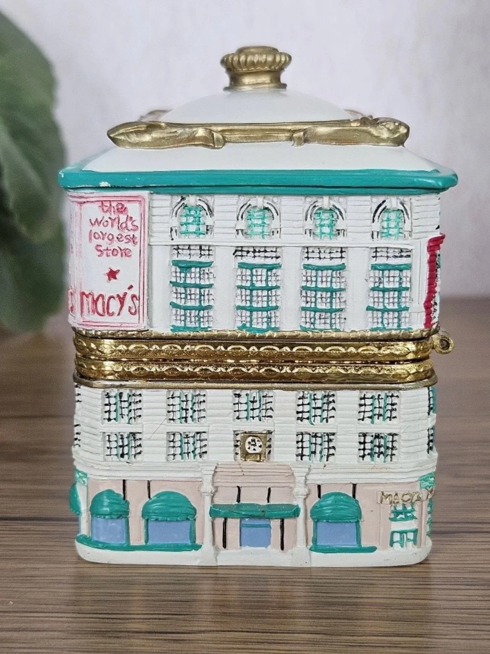 Macy's Ceramic Trinket Box in White, Teal & Gold Accents year 2000